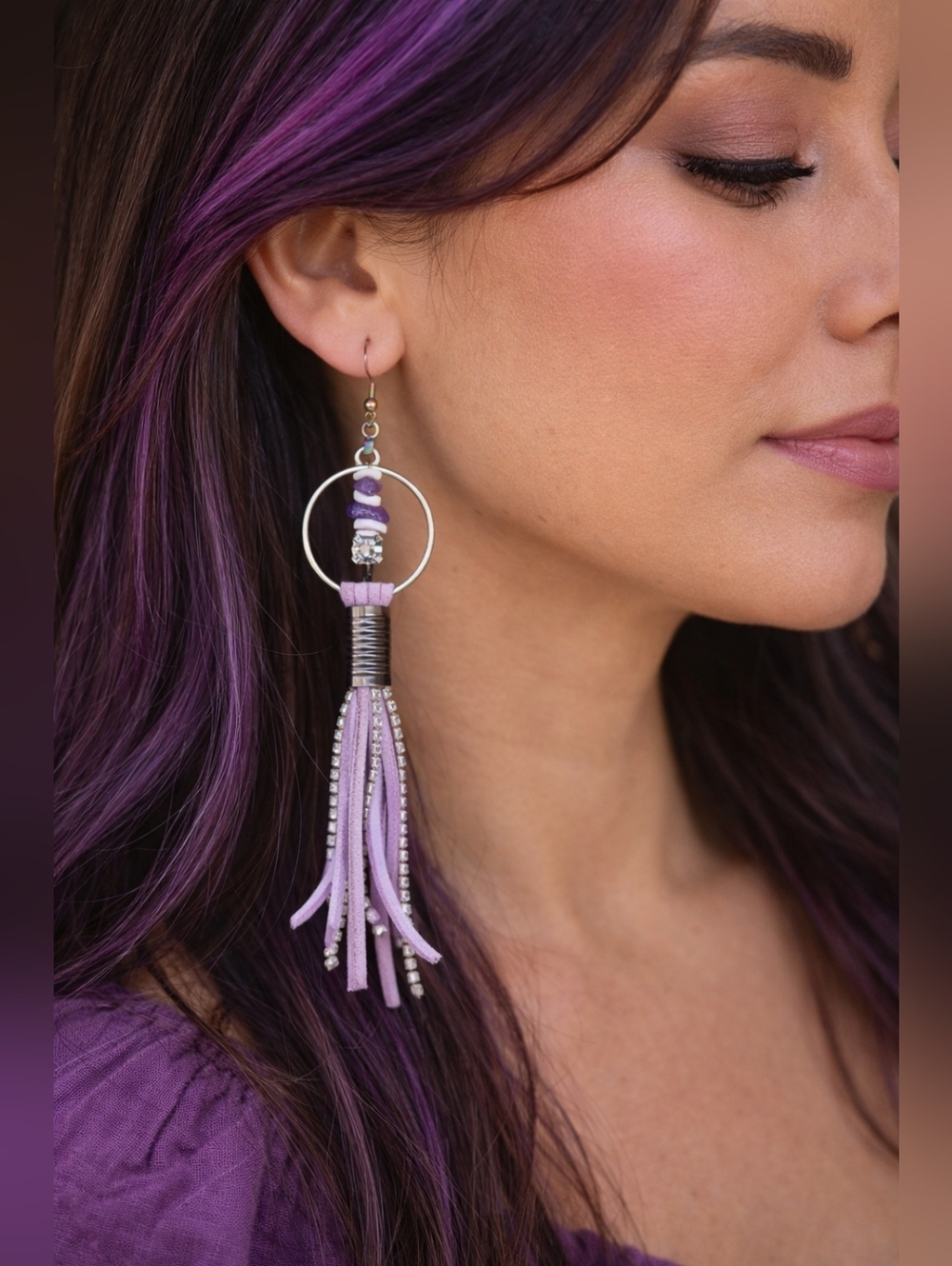 Purple and Silver Western Tassel Earrings